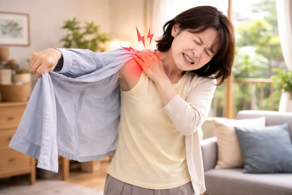 肩の痛みで服を着る動作ができない女性（五十肩のイメージ）