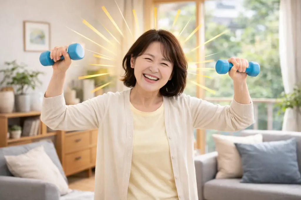 肩の痛みが改善し腕を上げられるようになった女性（五十肩の回復イメージ）