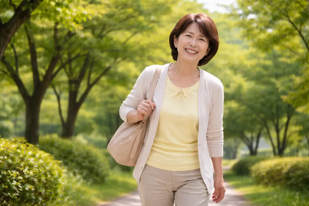 膝の痛みが改善して自然に歩けるようになった女性の様子