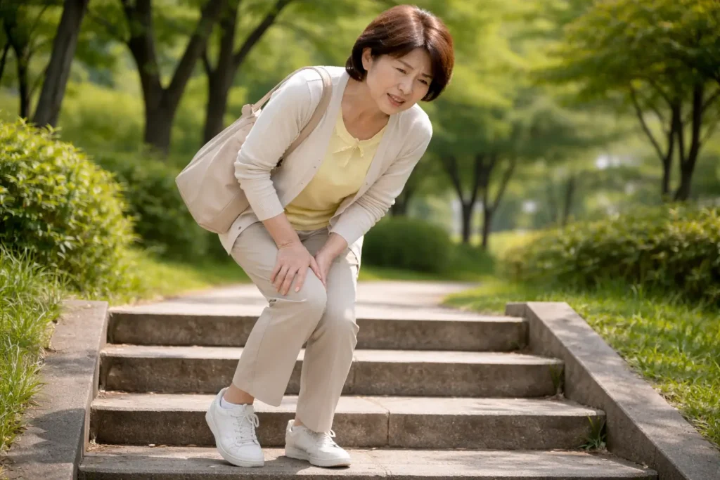 階段の上り下りで膝の痛みが出る高齢女性