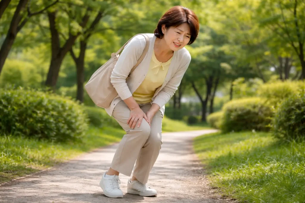 歩行時に膝の痛みで足を押さえる高齢女性