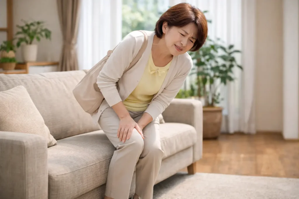 膝の痛みで歩行がつらく足をかばいながら歩く中高年女性
