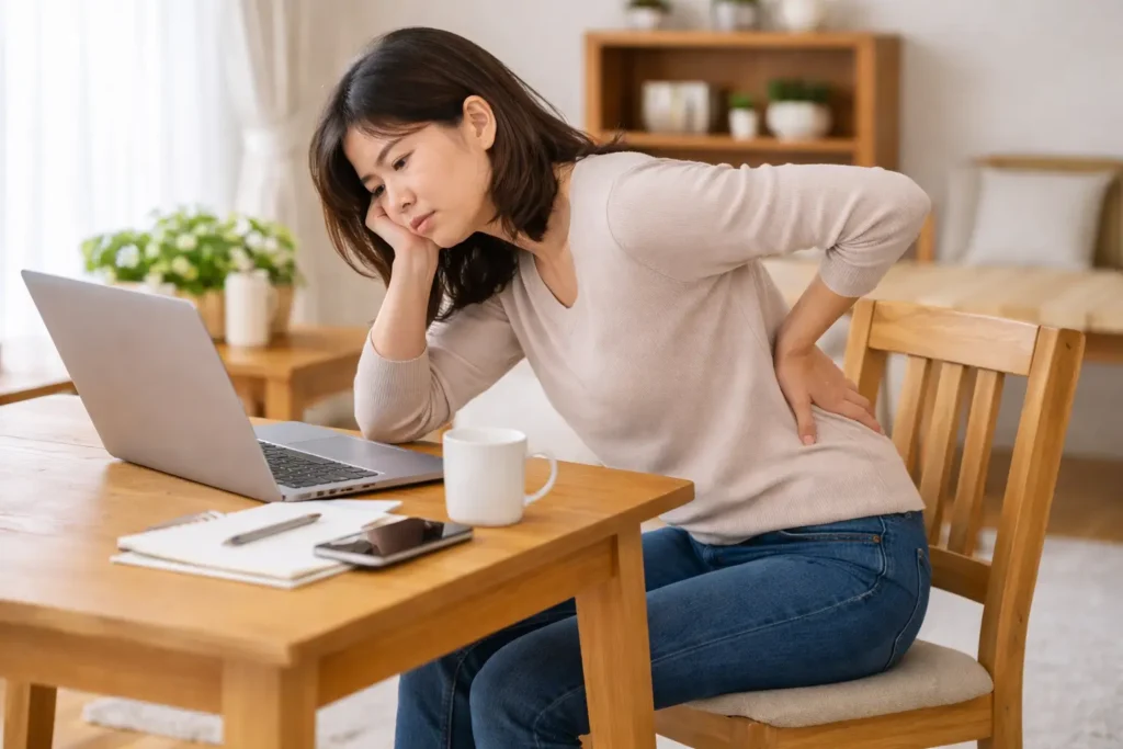 長時間の座り姿勢により腰痛を感じている女性の様子