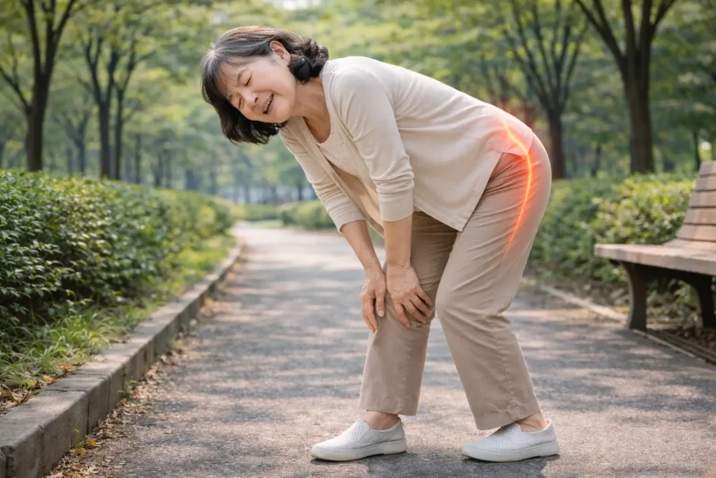 脊柱管狭窄症により前かがみになると足の痛みやしびれが軽減する高齢女性