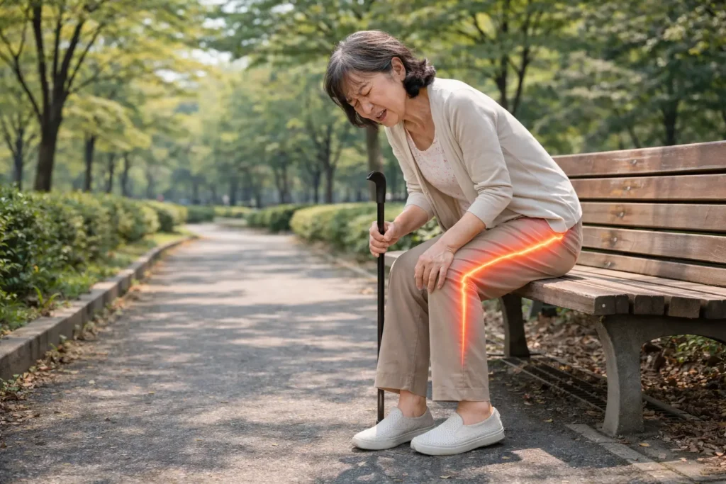 脊柱管狭窄症により歩行中に足の痛みとしびれが強くなり休憩する高齢女性