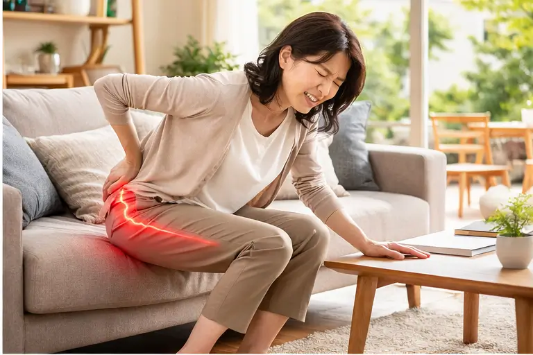 座っている際にお尻から太ももにかけての痛みを感じる女性。坐骨神経痛のイメージ