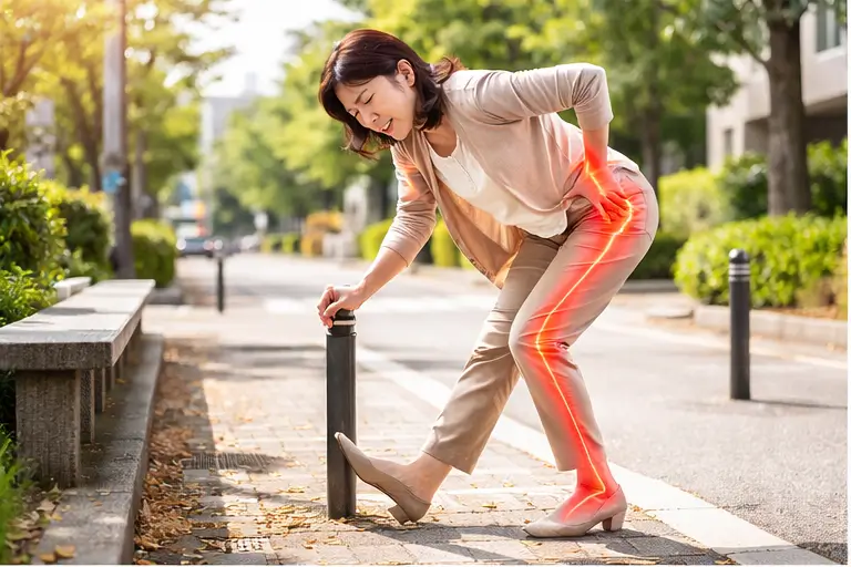 歩行中にお尻から足にかけて痛みが出て立ち止まる女性。坐骨神経痛のイメージ