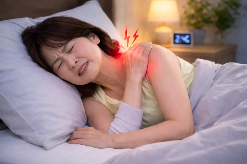 肩が上がらず腕を持ち上げるのがつらい五十肩（四十肩）の女性