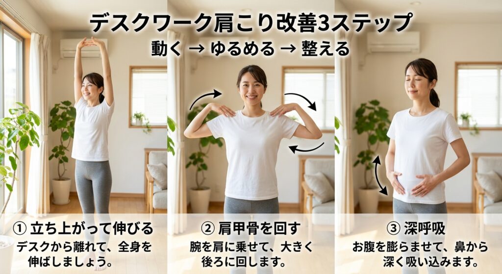 デスクワークによる肩こりを改善するストレッチと体操（肩甲骨と呼吸のセルフケア）