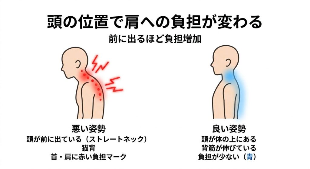 頭が前に出る姿勢で肩こりが悪化する仕組み（ストレートネックと負担増加）