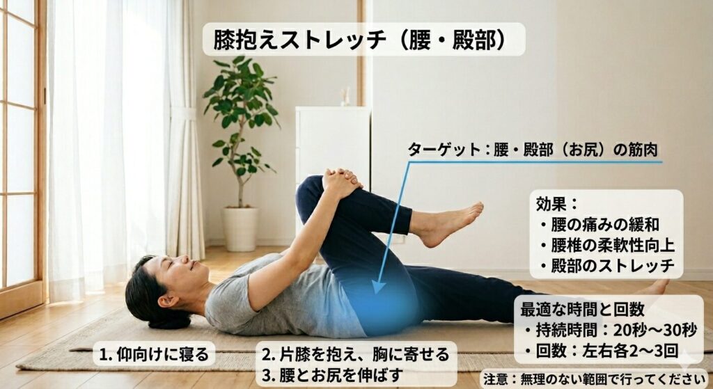 腰と殿部の筋肉を伸ばす膝抱えストレッチのやり方と効果