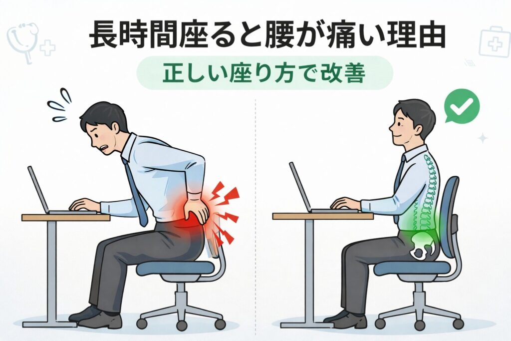 長時間座ると腰が痛い原因と正しい座り方を比較した図解|猫背と骨盤後傾による腰痛と正しい姿勢の違い(鹿児島市の整体)