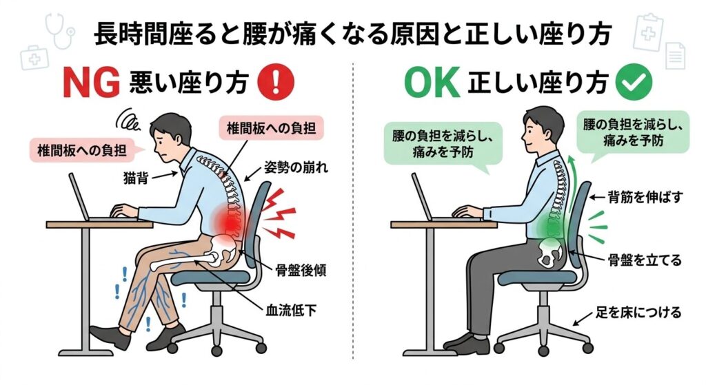 長時間座ると腰が痛い原因と正しい座り方 NG OK 比較