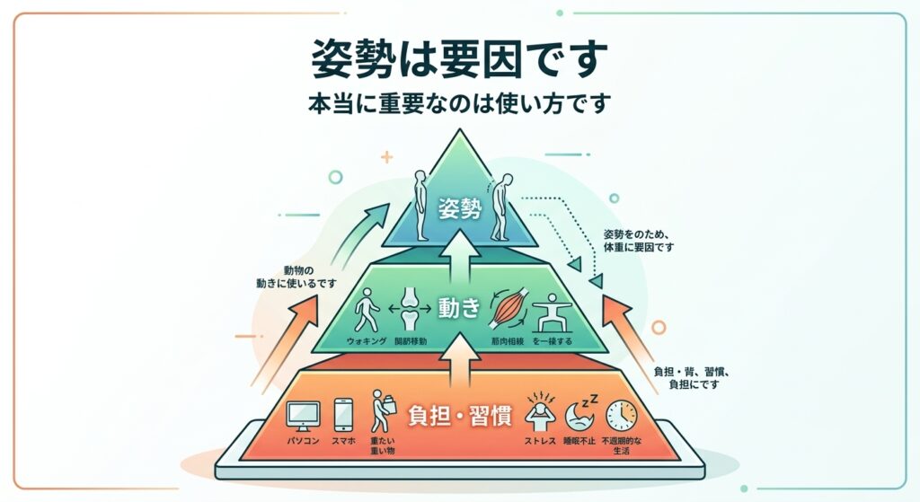 腰痛の原因構造｜姿勢・動き・負担の関係を示した図解