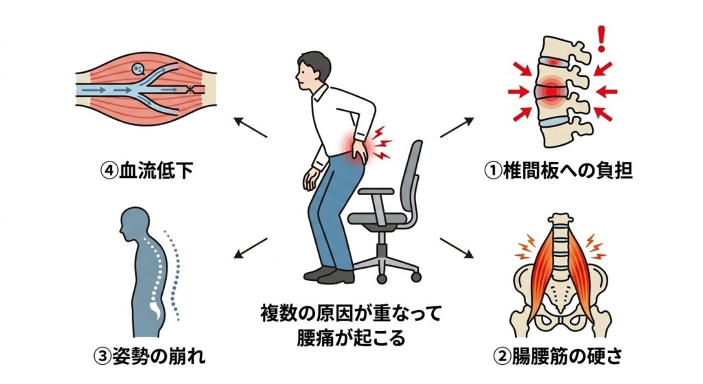 立ち上がると腰が痛い原因(椎間板負担・腸腰筋の硬さ・姿勢崩れ・血流低下)の図解