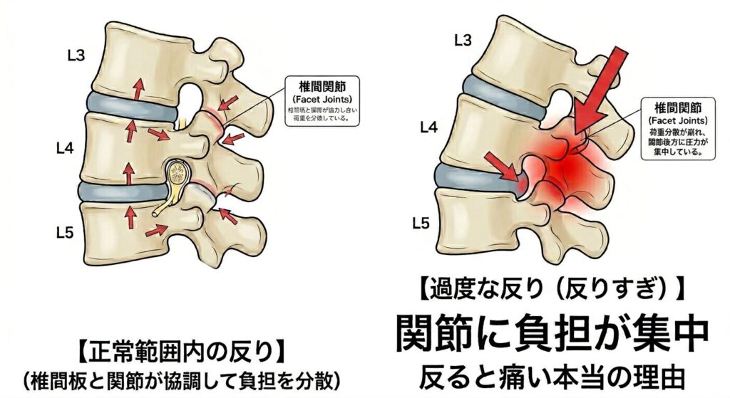 腰を反ると椎間関節に負担が集中する図｜正常と反りすぎの比較