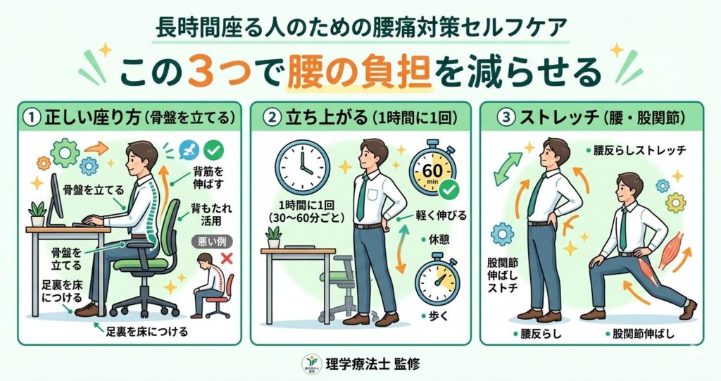 長時間座る人の腰痛対策 正しい座り方とストレッチ方法