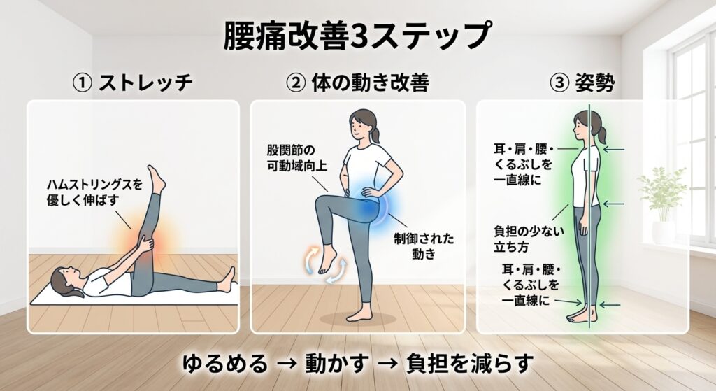 腰痛改善の3ステップ｜ストレッチ・動き改善・姿勢のポイント