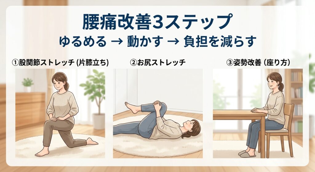 骨盤と腰痛を改善する3ステップ｜ストレッチと動作改善と姿勢