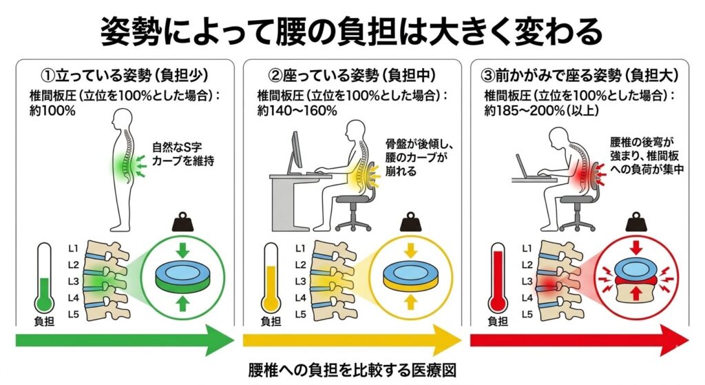 座る姿勢と前かがみ姿勢での腰椎椎間板への負担比較
