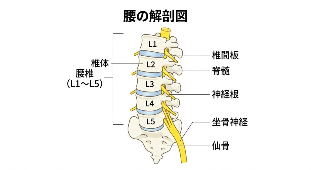 腰椎L1〜L5と椎間板・神経根・坐骨神経の位置を示した腰の解剖図