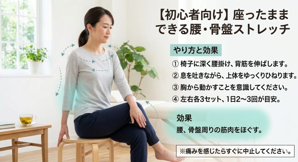 座ったままできる腰と骨盤のストレッチ|体幹をひねる腰痛改善エクササイズ