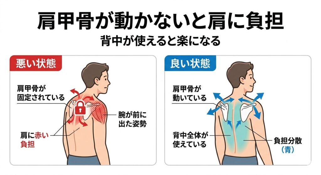 肩甲骨が動かないことで肩に負担が集中する仕組み（背中の使い方との関係）