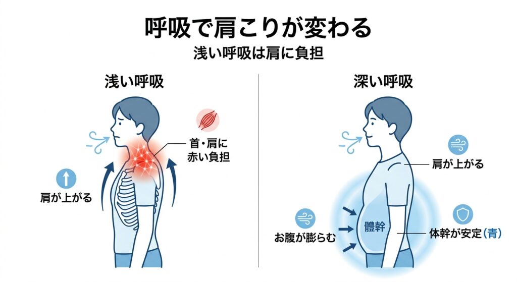 浅い呼吸と深い呼吸で肩こりの負担が変わることを示した図解