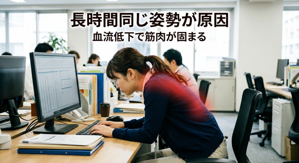 長時間のデスクワークで前かがみ姿勢になり肩こりが起こる原因を示した画像