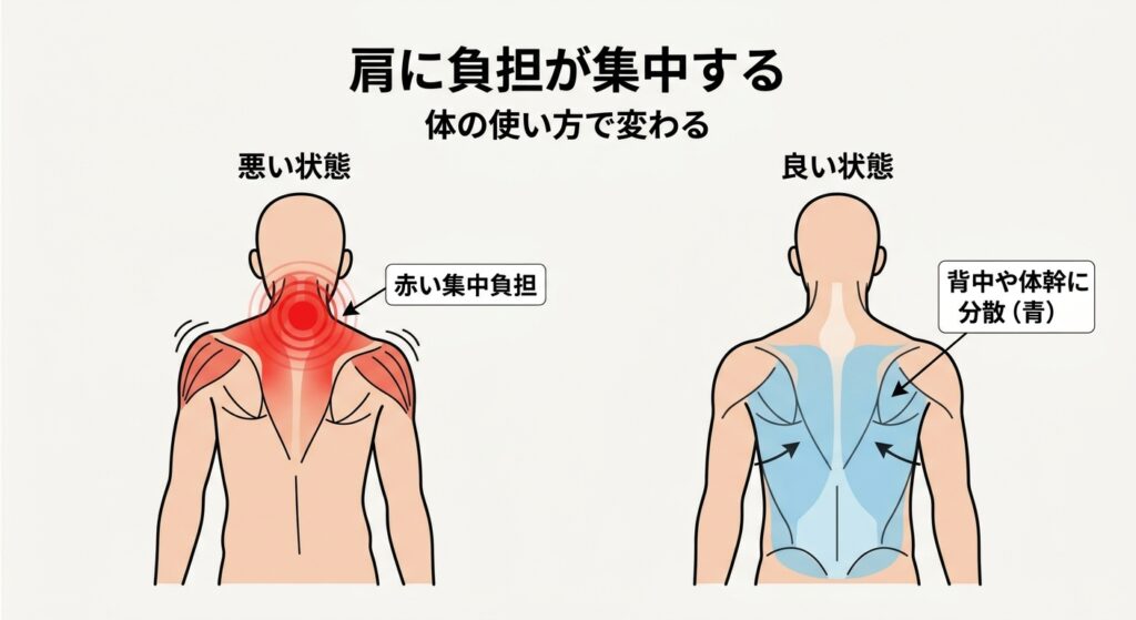 肩に負担が集中する原因と体の使い方による負担分散の違い