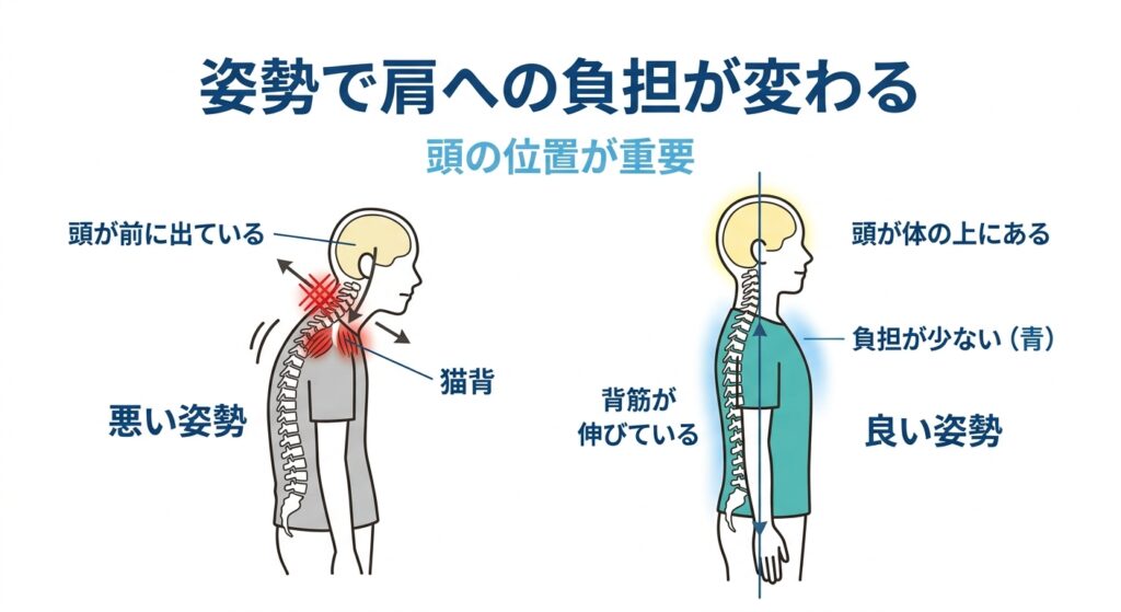 猫背と正しい姿勢で肩への負担が変わることを示した図解