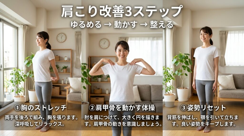 肩こりを改善するストレッチと体操と姿勢改善の3ステップ