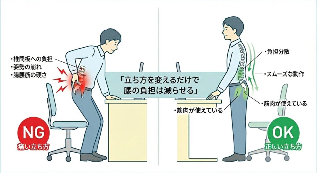 立つと腰が痛い原因と正しい対策を示した図解