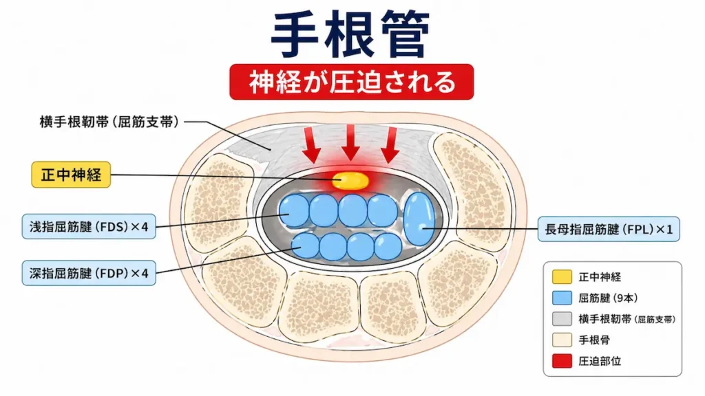 手根管内で正中神経が圧迫される構造を示した解剖図