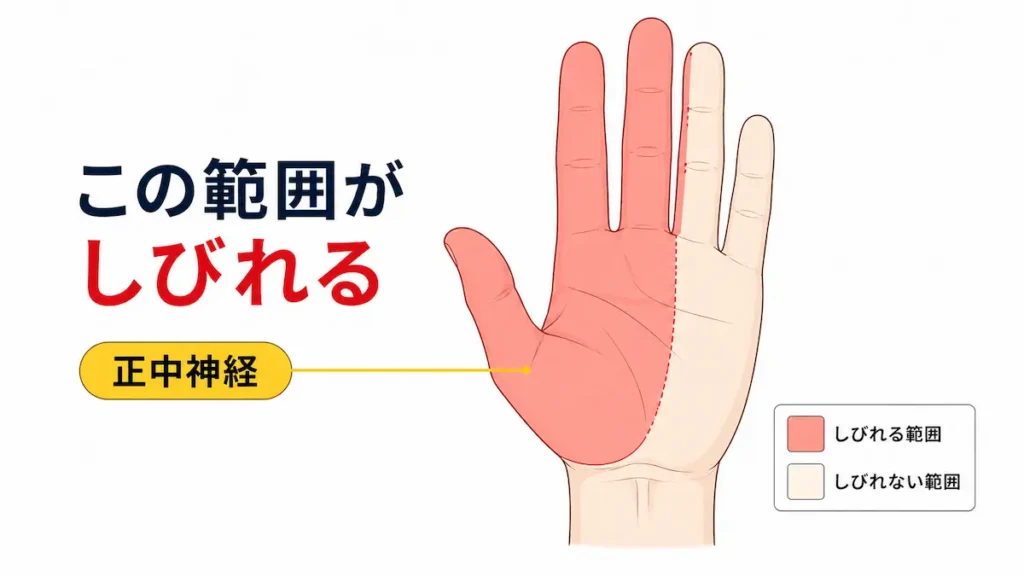 手根管症候群で親指から薬指にかけてしびれが出る範囲（正中神経領域）