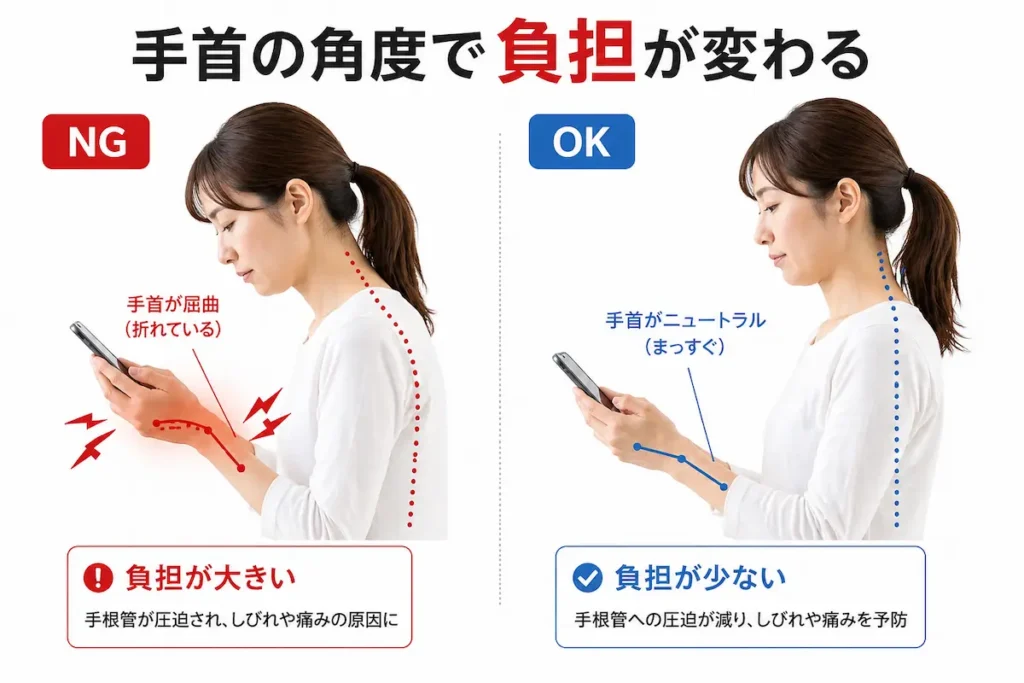 スマホ操作で手首が曲がる姿勢とニュートラル姿勢の比較（手根管への負担の違い）