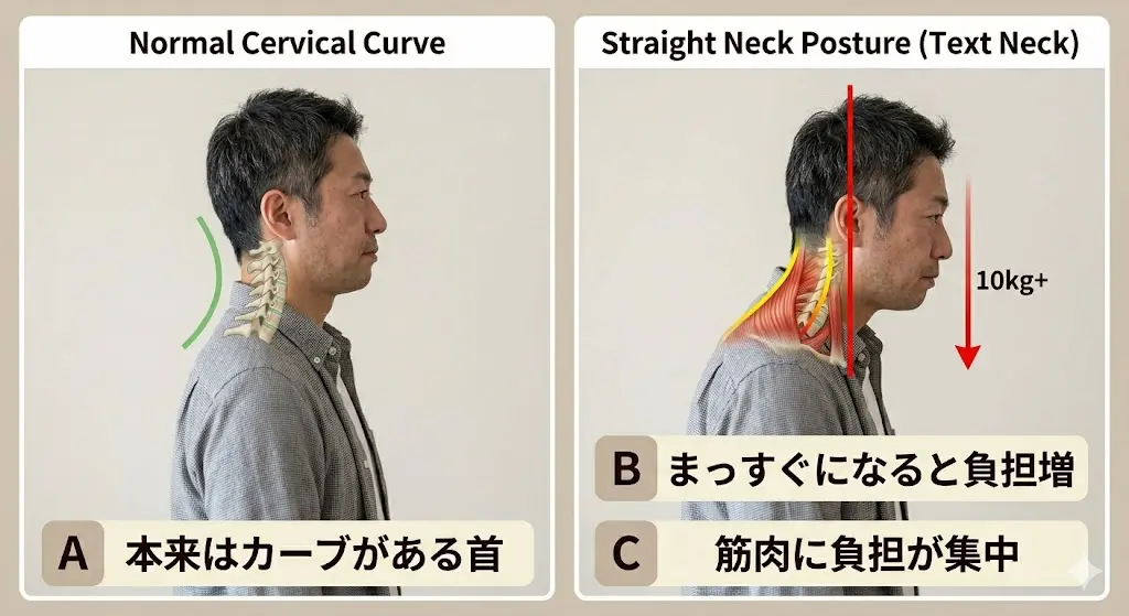 正常な頚椎カーブとストレートネックの違いを示した姿勢比較