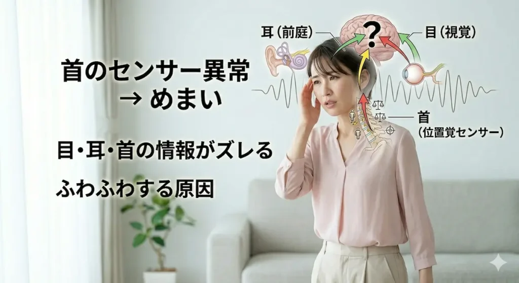 首のセンサー異常による頚性めまいの解説図