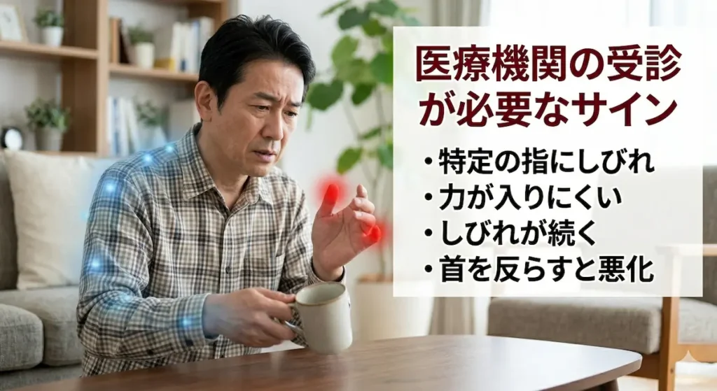 特定の指のしびれや筋力低下など頚椎神経根症の危険サインのイメージ