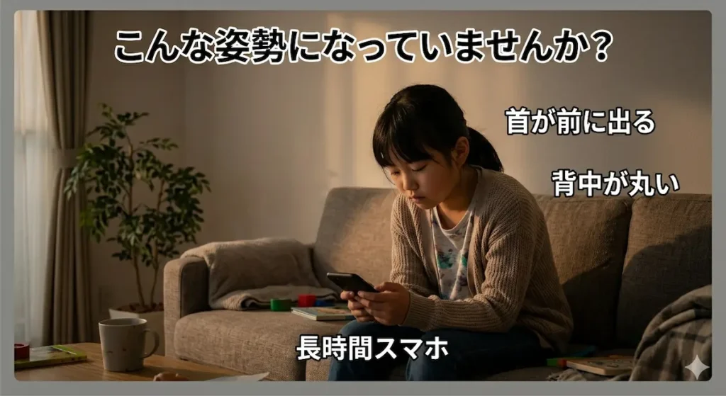スマホを見る子どもの猫背・前方頭位の悪い姿勢例