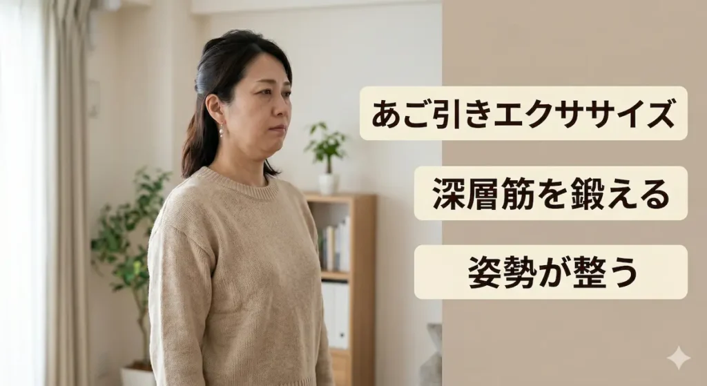 首こり改善のためにあご引きエクササイズを行う40代女性
