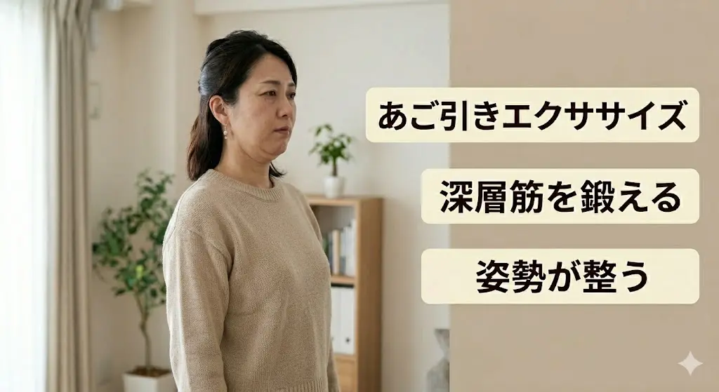 ストレートネック改善のためのあご引きエクササイズを行う30代女性