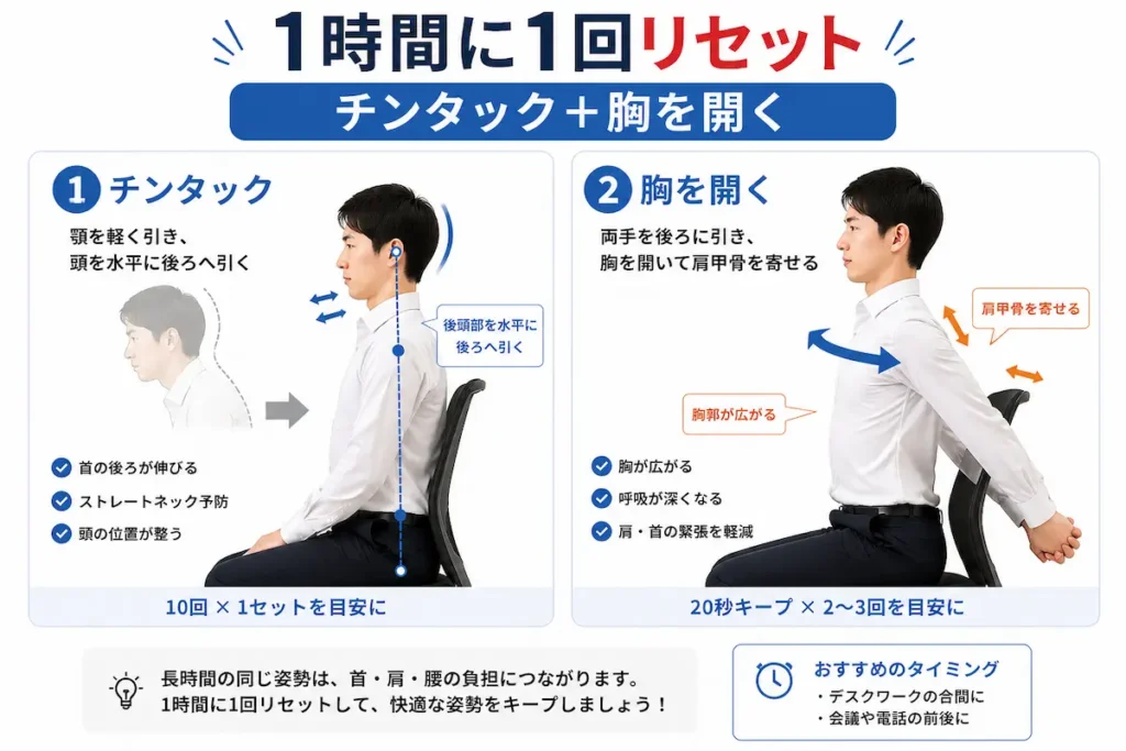チンタックと胸を開く姿勢リセット運動