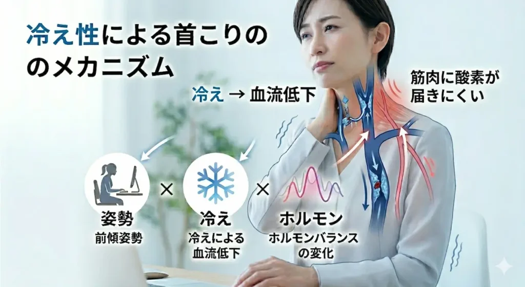 冷えによる血流低下で首こりが悪化する女性のイメージ図