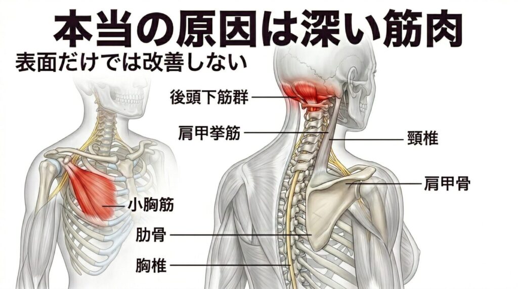 肩こりの本当の原因である深層筋(後頭下筋群・小胸筋)の解説図