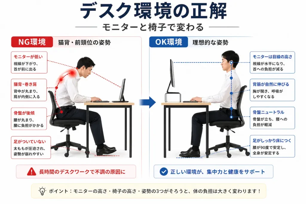 デスクワークの正しいモニターと椅子の高さ