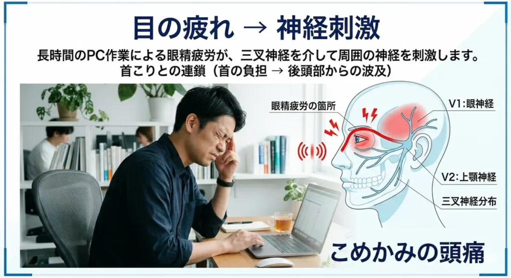 眼精疲労と三叉神経刺激によるこめかみの頭痛