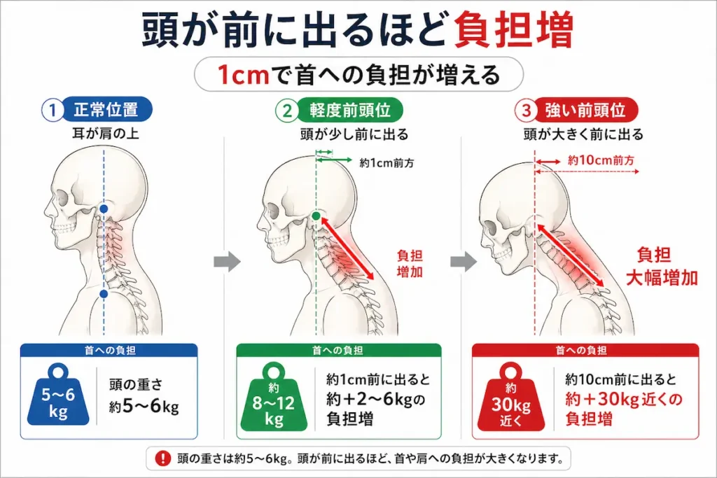 前頭位で首の負担が増える仕組みの図解