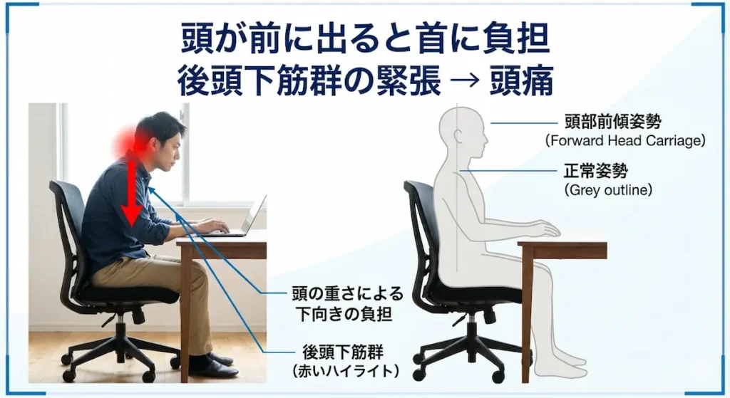 前傾姿勢による後頭下筋群の緊張と頭痛の関係