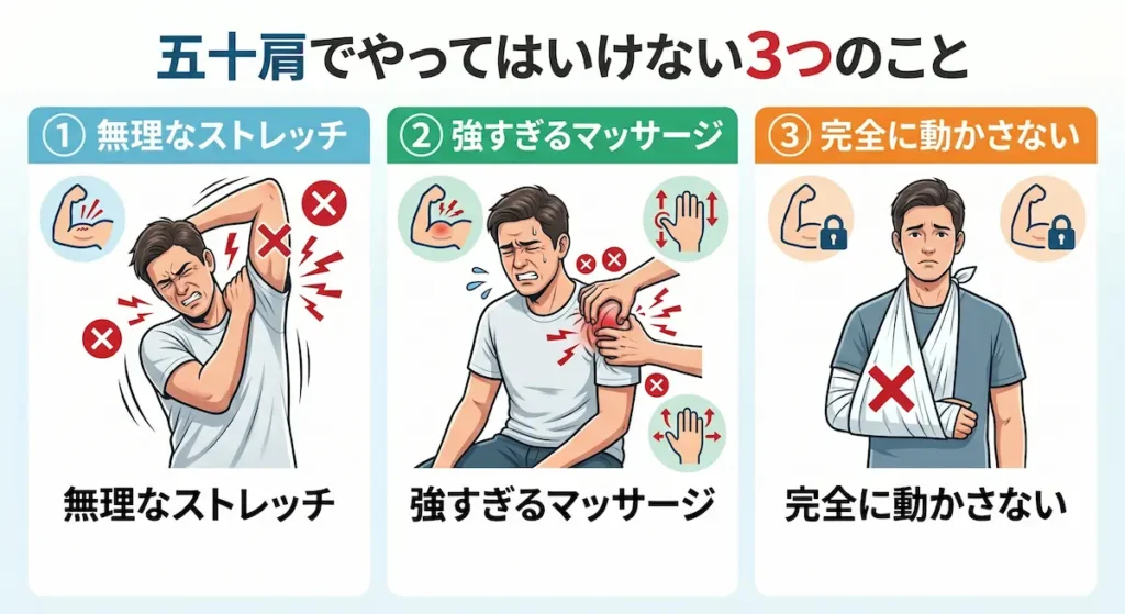 五十肩でやってはいけない無理なストレッチ・強いマッサージ・安静の図解